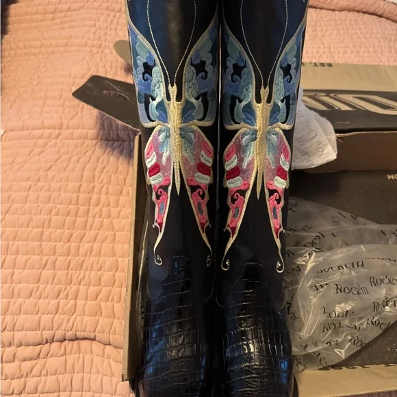 Dingo Butterly Embroidered Rhinestone Block Heel Boots Sz10 Leather Cowgirl - Picture 3 of 7